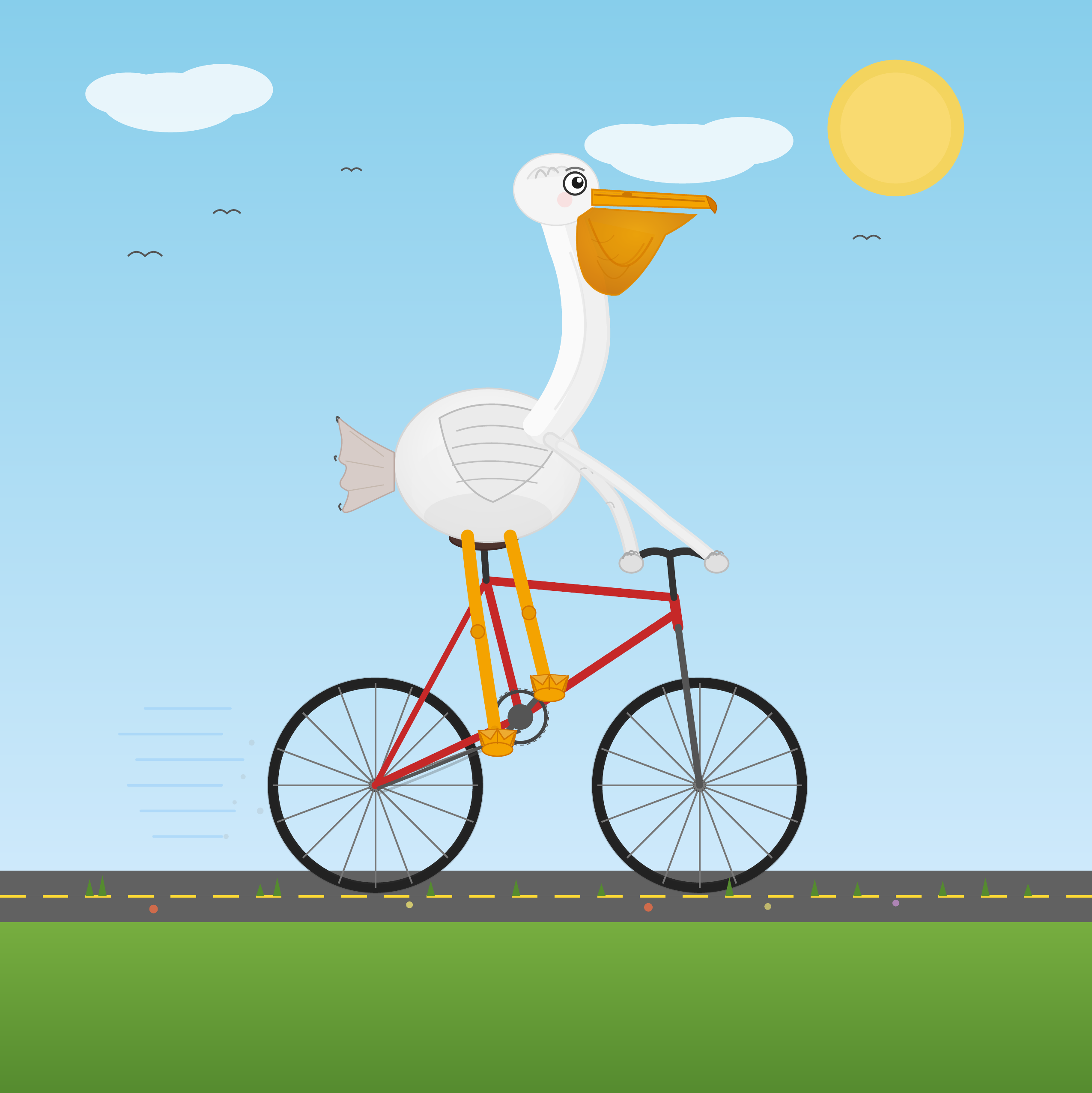 Optimized SVG: a polished pelican riding a bicycle with sky, clouds, sun, road, and grass.