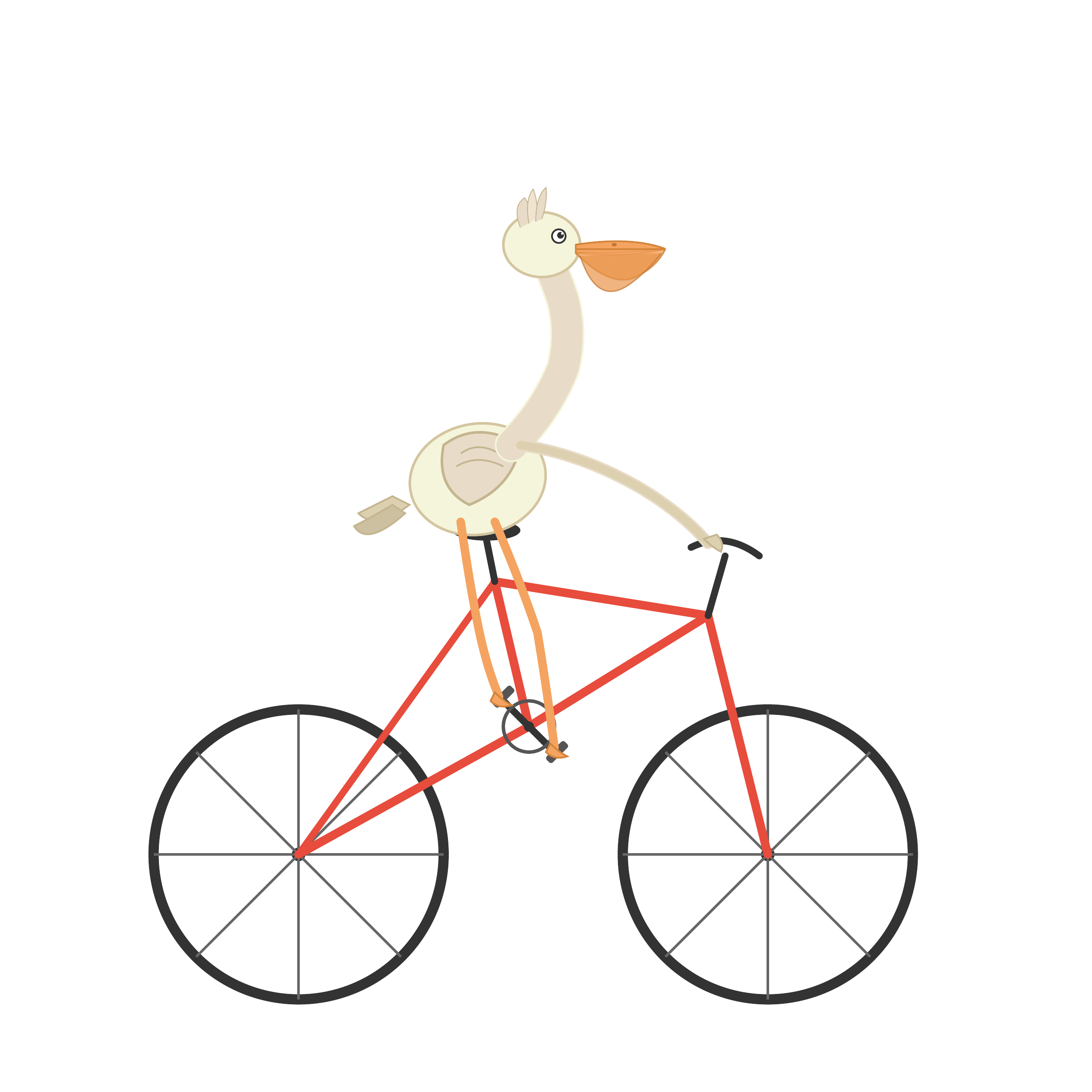Initial SVG: a basic pelican sketch on a red-framed bicycle against a white background.